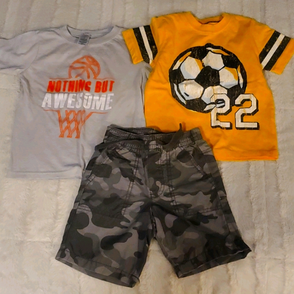 Toddler boys tshirts (2) and camo shorts